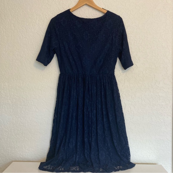 Mikarose Navy Blue Lace 3/4 Sleeve Modest Knee Length Dress | Size M - Picture 3 of 9